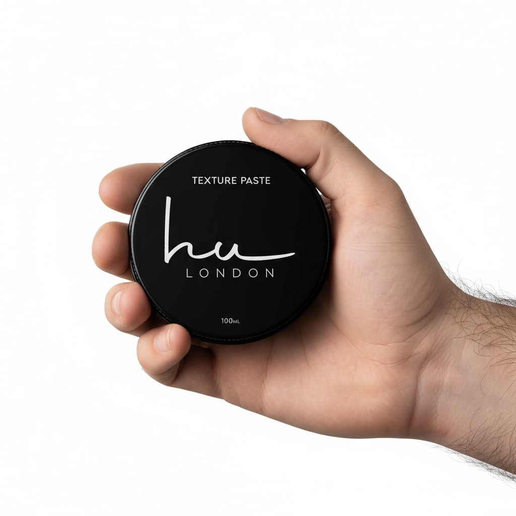 Hand holding a black container of 'hu London' texture paste against a white background