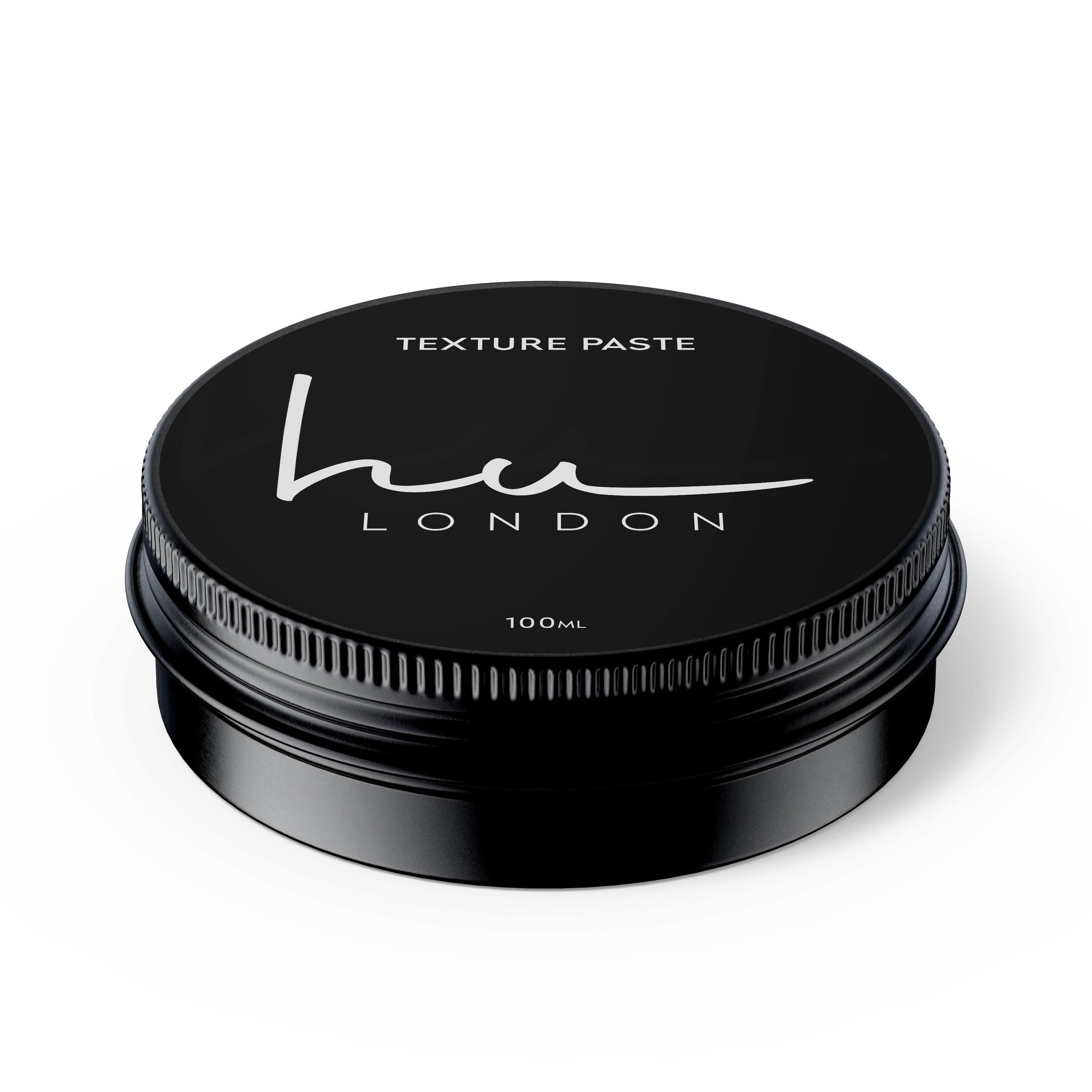 Black jar of texture paste with 'HU London' branding on a white background